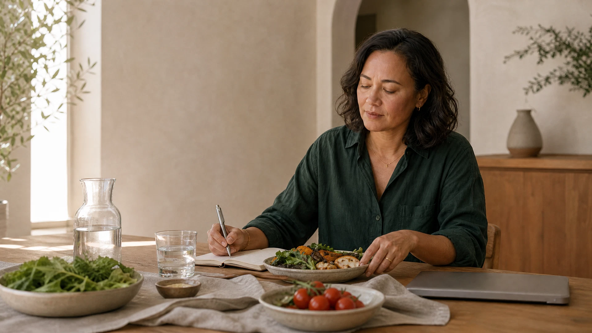 Adult preparing an everyday meal and recording health patterns in a notebook