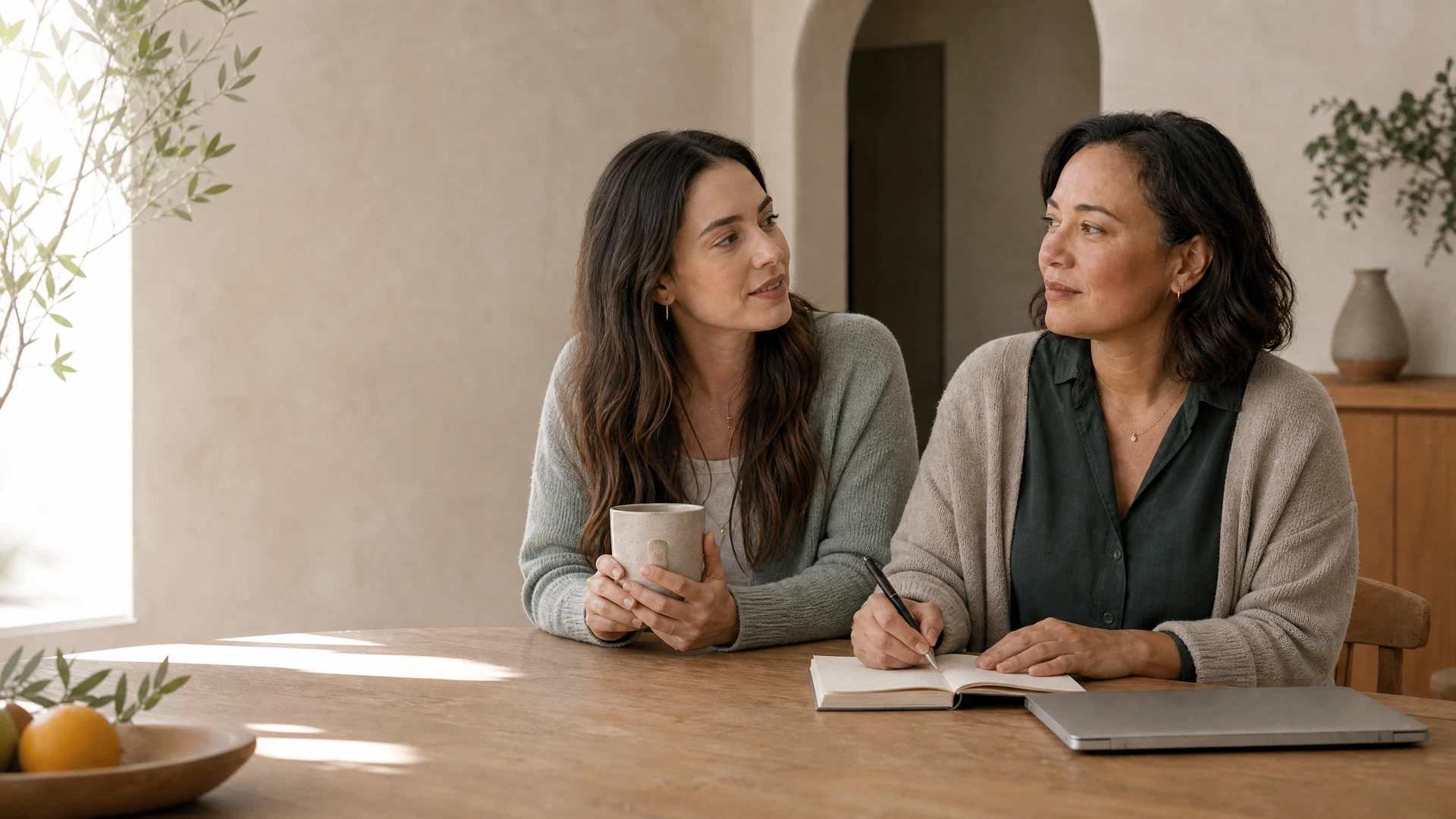 Two adult women of different life stages preparing questions for a private health conversation