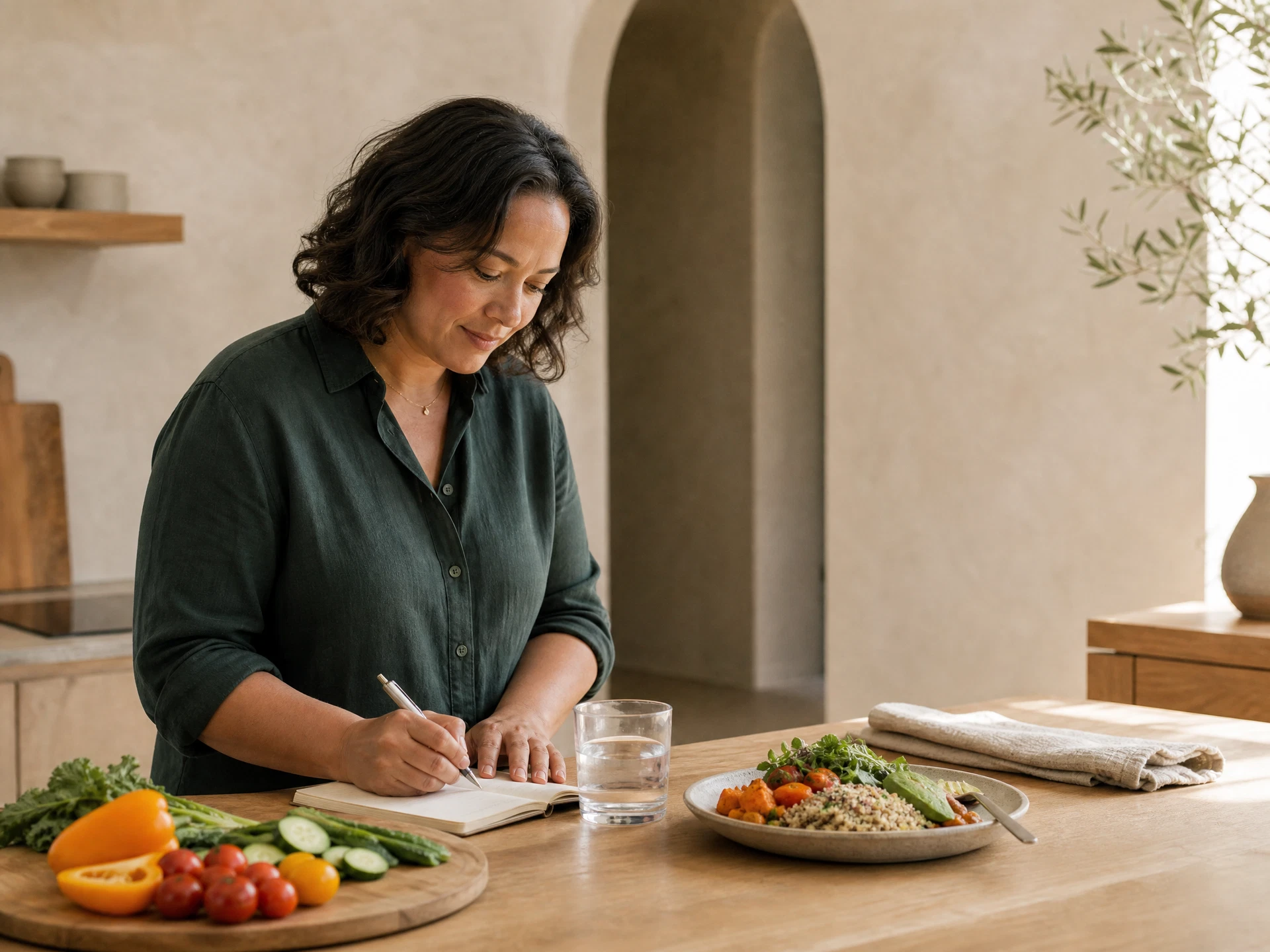 Adult preparing a meal and recording health patterns in a notebook